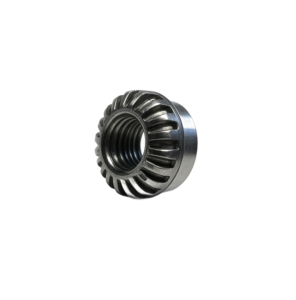 serrated flange lock nut with stepped threaded bore for rail and track fastening
