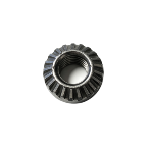 serrated flange lock nut with stepped threaded bore for rail and track fastening